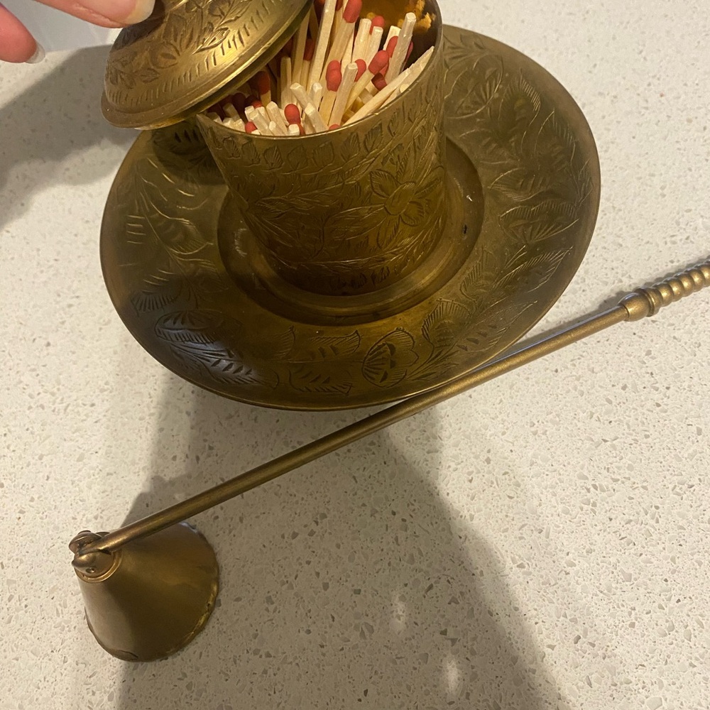 Vintage Brass Match Holder and Snuffer Set